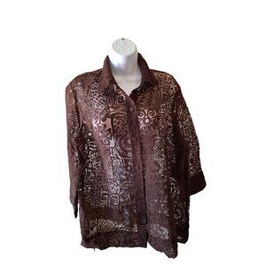 Ruby Rd Sheer Brown Button Shirt Size 14  Boho Mesh Blouse Y2K Indie Cottagecore